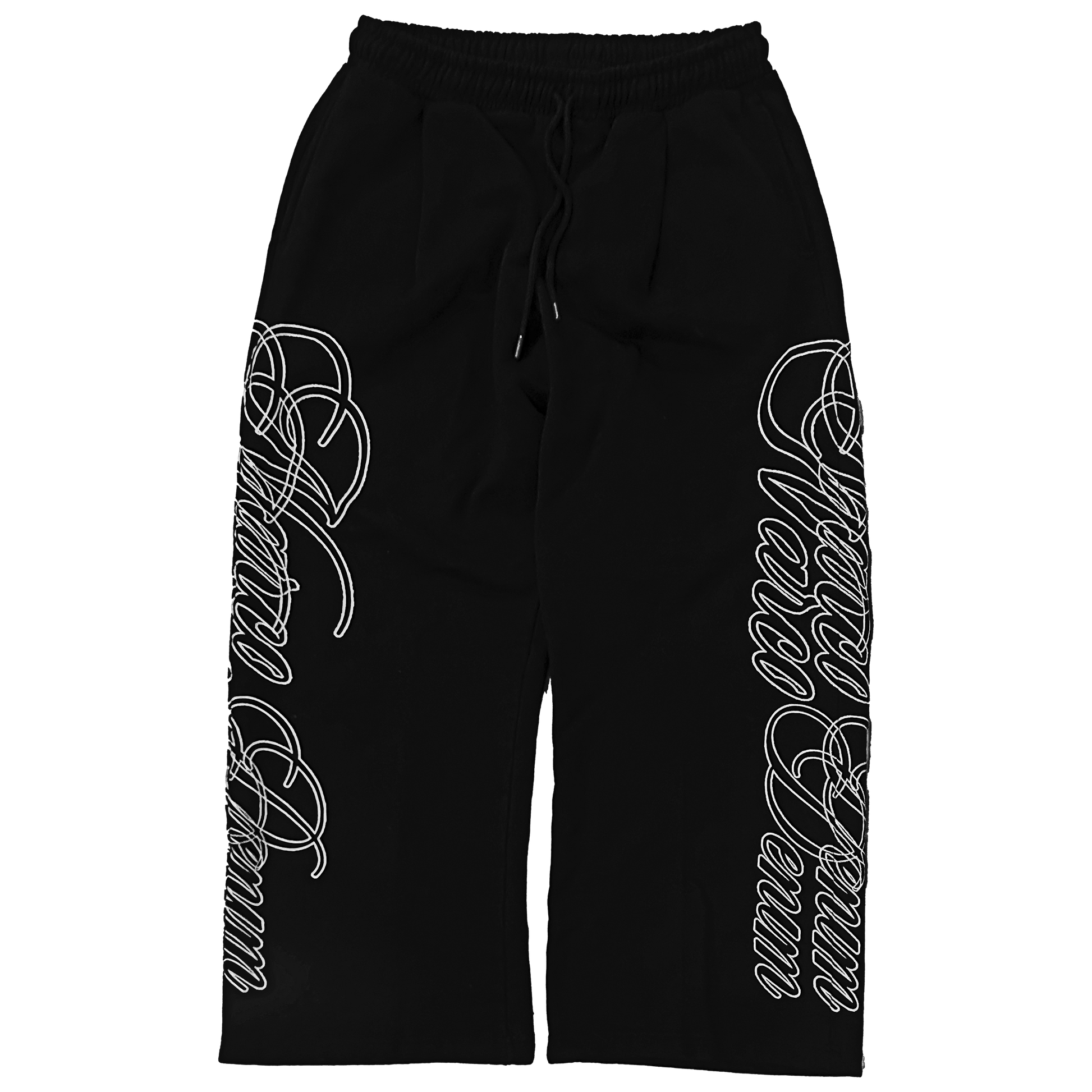 Black pants with white text design on a white background