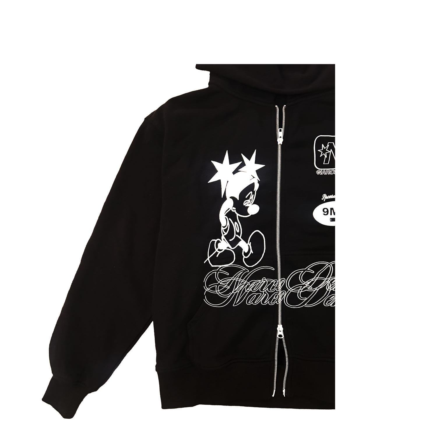 Black hoodie with white graphics and text on a white background