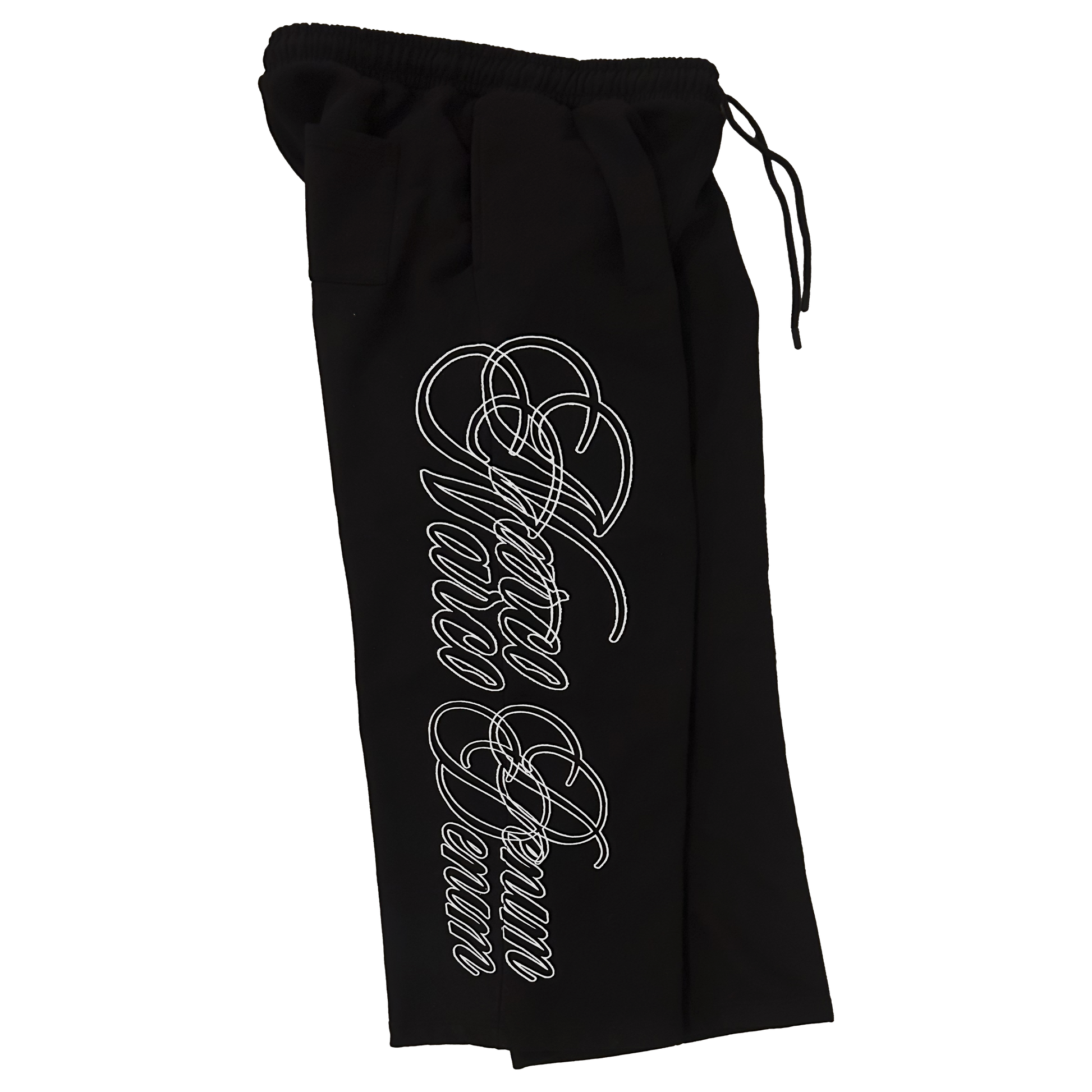 Black drawstring bag with white text on a white background