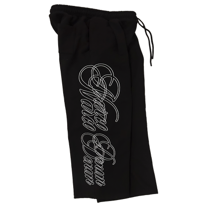 Black drawstring bag with white text on a white background