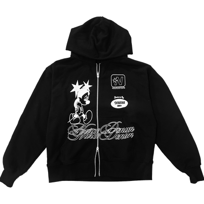 Black hoodie with white graphics and text on a white background

