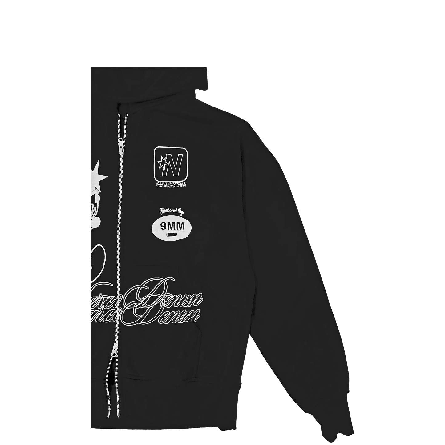 Black hoodie with white text and graphics on a white background