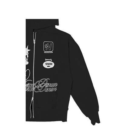 Black hoodie with white text and graphics on a white background