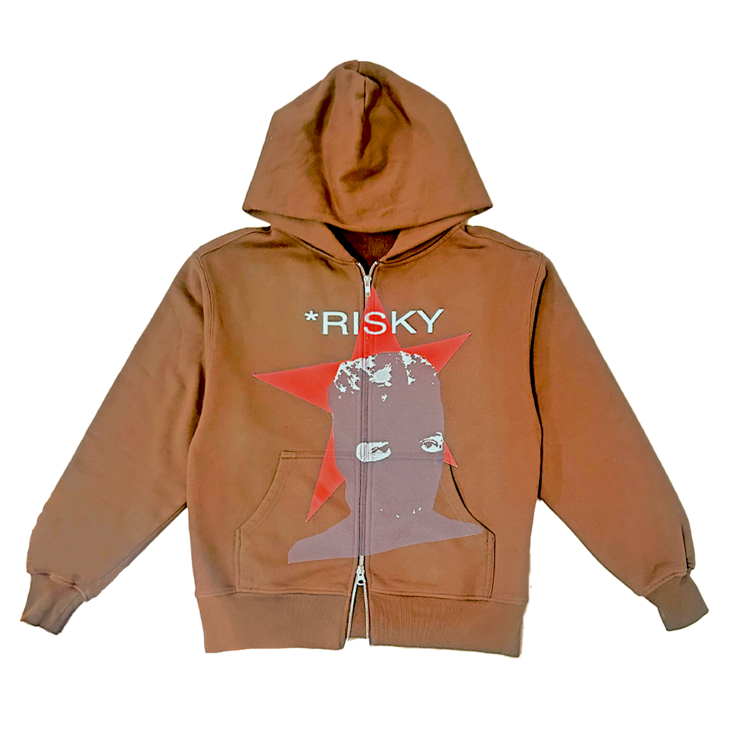 Brown hoodie with graphic design and 'Risky' text on a white background