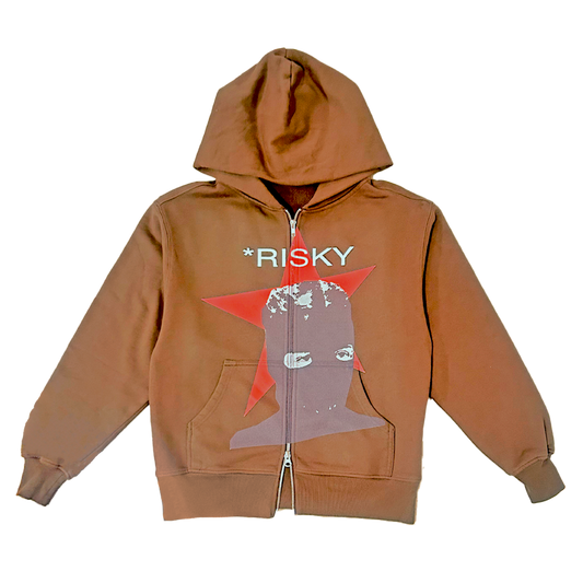 Brown hoodie with graphic design and 'Risky' text on a white background